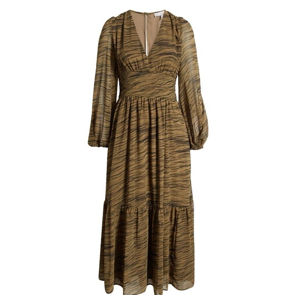 Chelsea28 Split Long Sleeve Tiered Dress In Olive Black Geode Stripe Sz M New - Picture 1 of 11